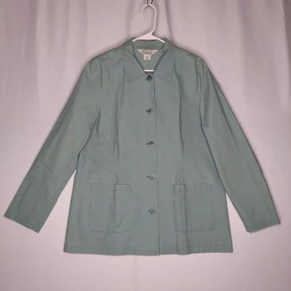 LL Bean Utility Jacket Womens Large Green Cotton Button Collar Pocket Raincoat